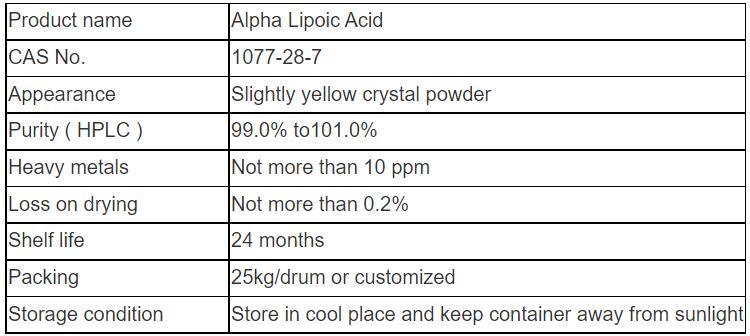 High Purity Antioxidant Dl-Thioctic Acid/Alpha-Lipoic Acid/Ala Alpha Lipoic Acid CAS 1077-28-7 From Factory