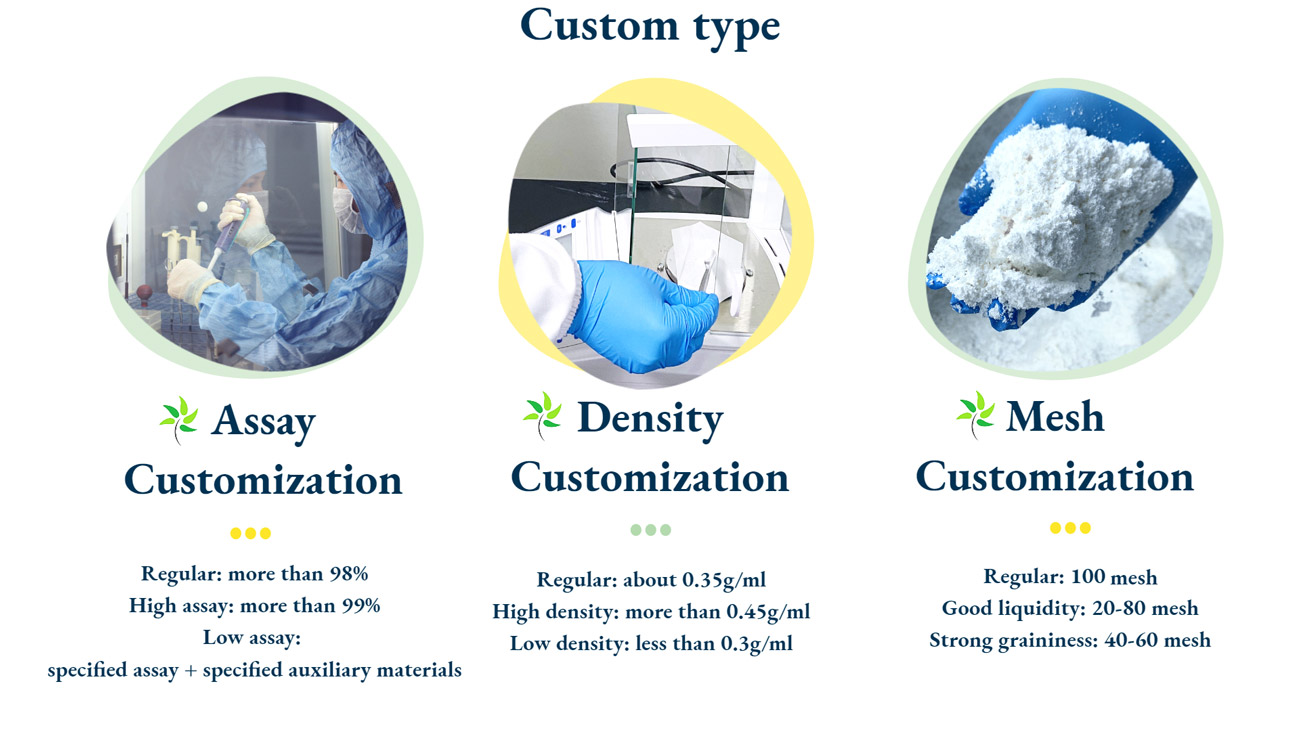 Custom type, Assay Customization, Regular: more than 98%High assay: more than 99%; Low assay:specified assay + specified auxiliary materials. Densityn Customization, Regular: about 0.35g/mlHigh density: more than 0.45g/mlLow density: less than 0.3g/ml. Mesh Customization, Regular: 100 meshGood liquidity: 20-80 meshStrong graininess: 40-60 mesh.