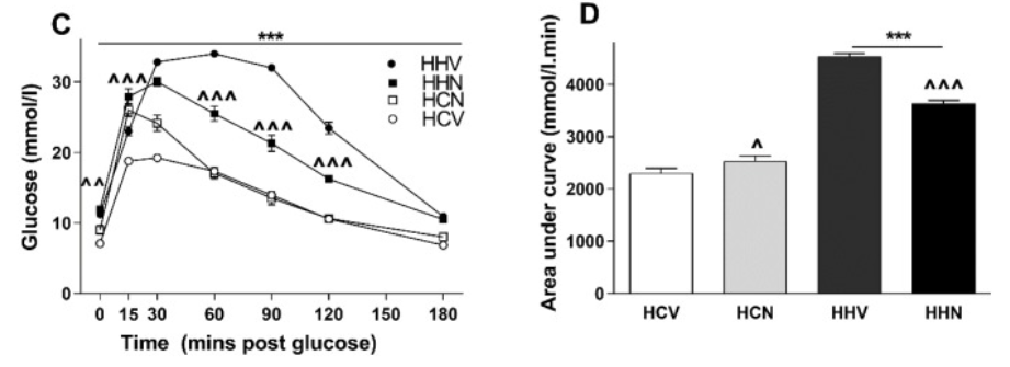 Eight days of NMN treatment ameliorates glucose tolerance defects in male offspring obese mothers at 32 weeks of age.