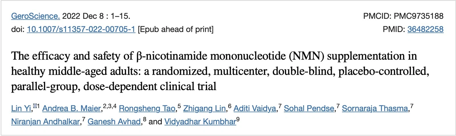 The efficacy and safety of Nicotinamide Mononucleotide (NMN) supplementation inhealthy middle-aged adults: a randomized, multicenter, double-blind, placebo-controlled.parallel-group,dose-dependent clinical trial The efficacy and safety of -nicotinamide mononucleotide (NMN) supplementation inhealthy middle-aged adults: a randomized, multicenter, double-blind, placebo-controlled.parallel-group,dose-dependent clinical trial