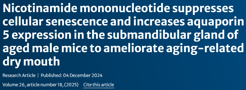 Nicotinamide mononucleotide suppresses cellular senescence and increases aquaporin 5 expression in the submandibular gland of aged male mice to ameliorate aging-related dry mouth Nicotinamide mononucleotide suppresses cellular senescence and increases aquaporin 5 expression in the submandibular gland of aged male mice to ameliorate aging-related dry mouth