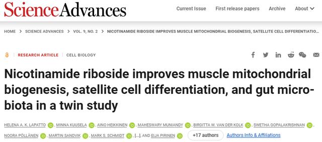 Nicotinamide riboside improves muscle mitochondrial biogenesis, satellite cell differentiation, and gut microbiota in a twin study