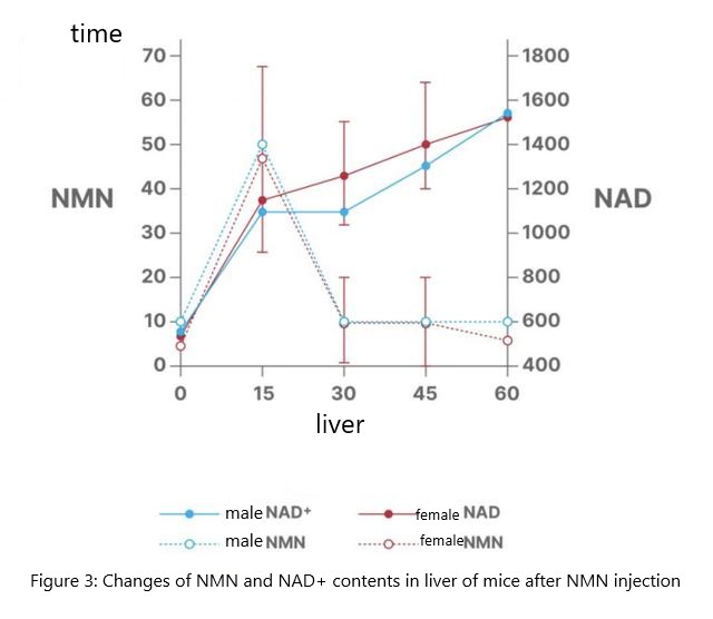 Changes of NMN and NAD+ contents in liver of mice after NMN injection